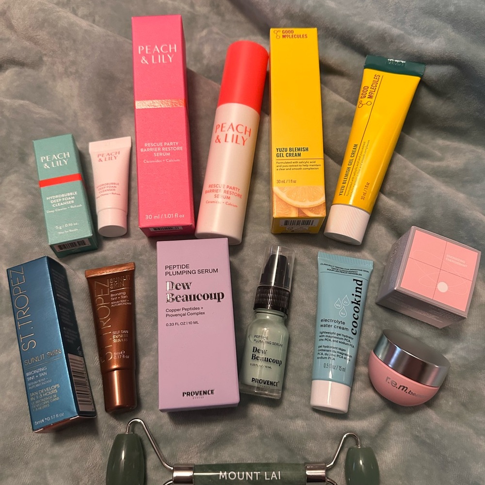 Skincare bundle with Jade Facial Roller - peach and Lily, cocokind, and more!